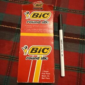 NOB old stock vtg Bic round stick 1987 1 dozen fine point black ink box pens